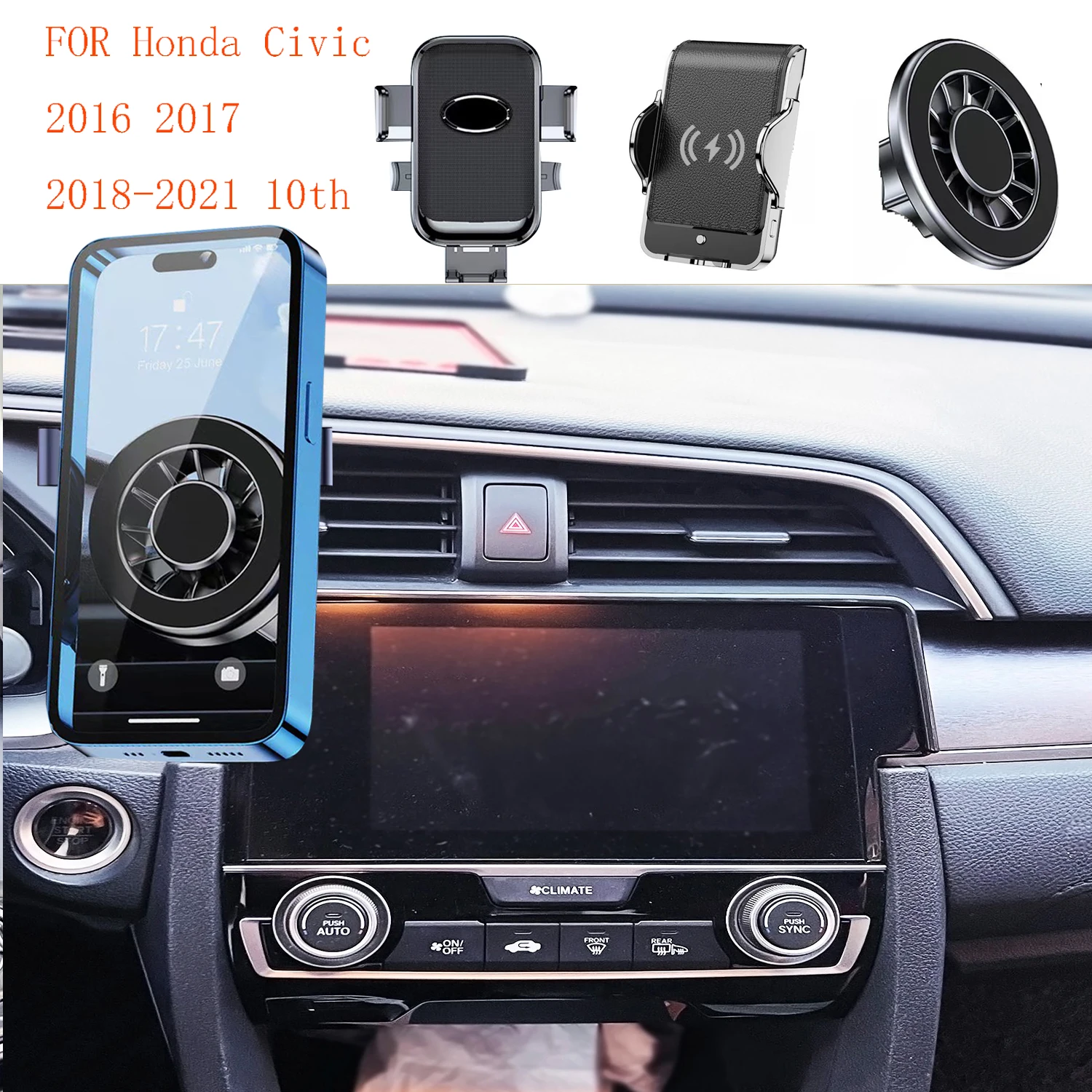 

For Honda Civic 10TH 2016 2017 2018-2021 Magnetic Car Phone Holder Screen Fixed Base Fast Wireless Charging Mobile Phone Mount