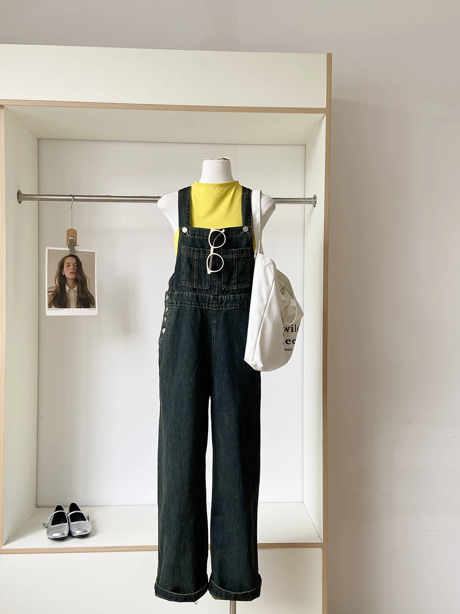 

Korean Fashion Loose Women Denim Jumpsuits Streetwear Versatile High Waist Wide Leg Jeans Vintage Pockets Design Casual Pants