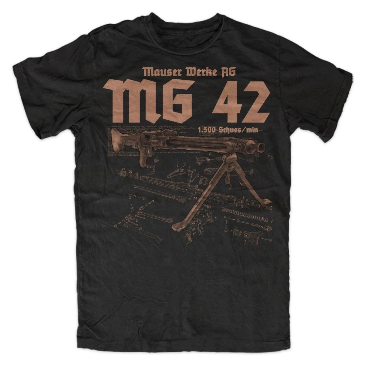 Funny Wehrmacht MG42 Anatomy Printed T-Shirt. Summer Cotton Short Sleeve O-Neck Mens T Shirt New family matching outfits
