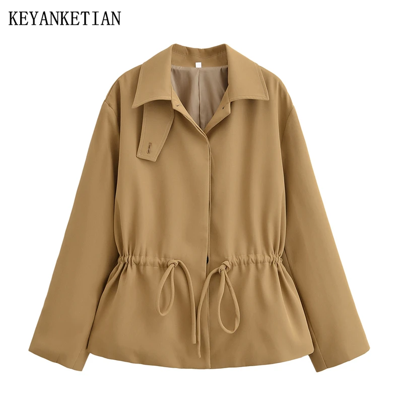 

KEYANKETIAN Autumn New Women's Clothing Lapel Single Breasted Drawstring Waist Cinching Short Windbreaker Jacket Women Top