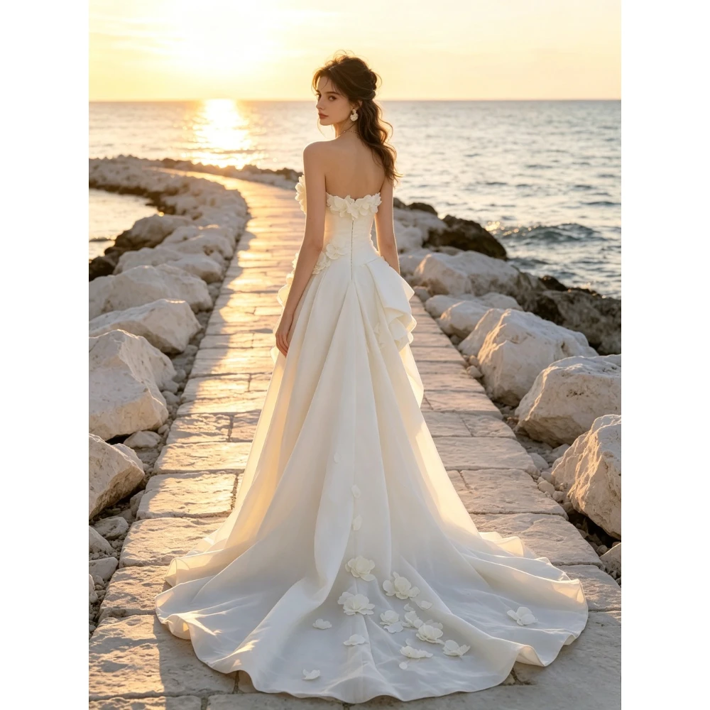 Customized Strapless Flower Decal Strapless Wedding Dresses Modern Satin Front Short Back Long Detachable Trailing Bridal Gown
