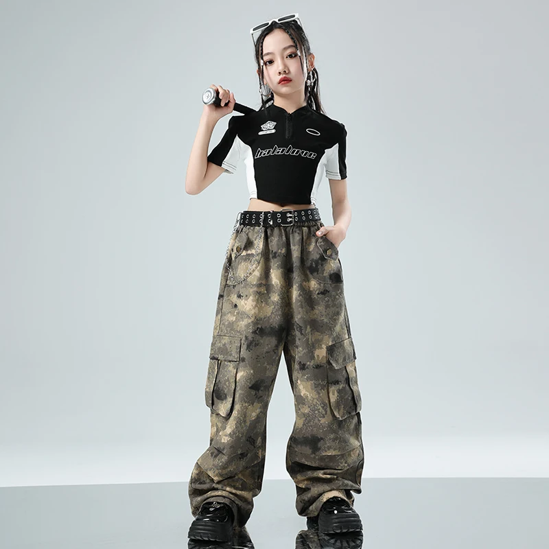 Coole Hip Hop Tanz kleidung für Mädchen Kurzarm Tops lose Tarnhose Jazz Dance Performance Kostüm kpop Outfit l12533