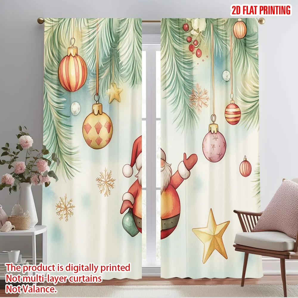 2pcs,2D plane printing Curtains Roller Blinds Christmas Ornaments Santa Claus Watercolor (2) Versatile Fabric (without rod) Art