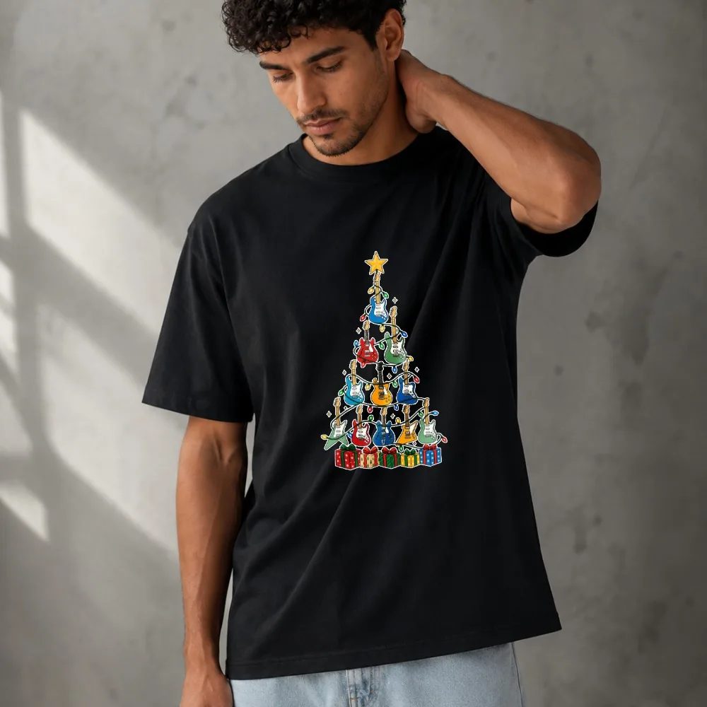Guitar Christmas Tree Colorful Musical Instrument Xmas Graphic Modal T‑Shirt Soft Lightweight Music Lover Holiday Casual Tops