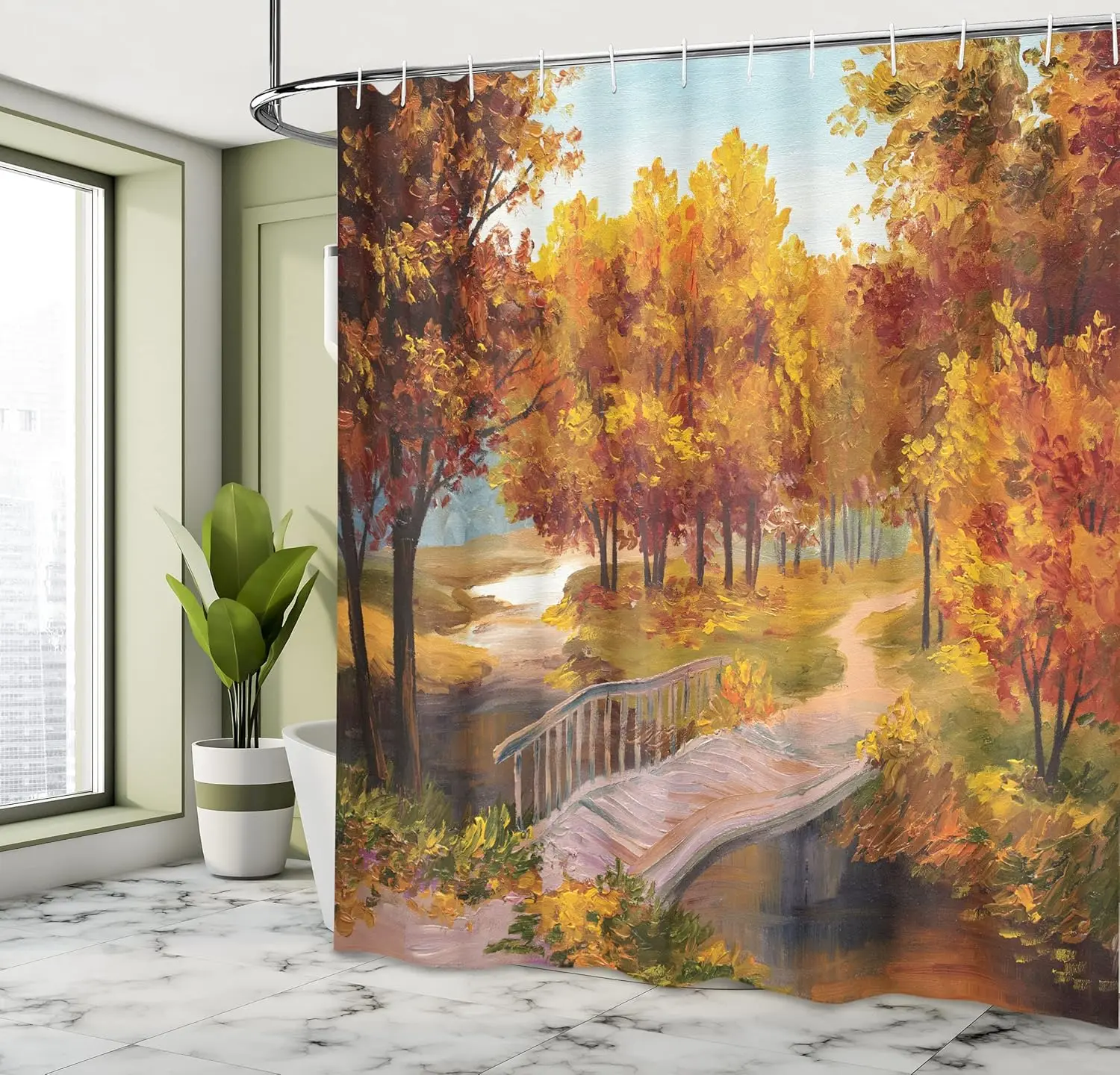 

Занавеска для душа с изображением осеннего леса и крючками для крепления – Деревянный мост, осенние листья и река, сцена в деревенском стиле с парком, сине-оранжевая.