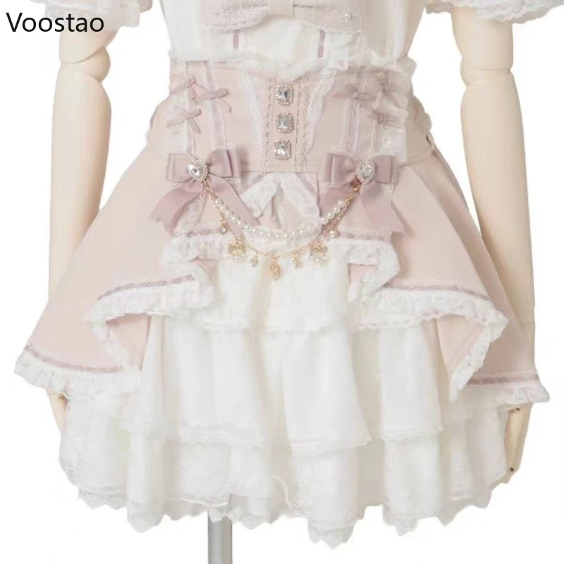 Mini jupe gâteau Style Lolita japonais Kawaii pour femmes, douce et élégante, avec nœud en diamant, chaîne de perles, jupe courte gothique Y2k pour filles
