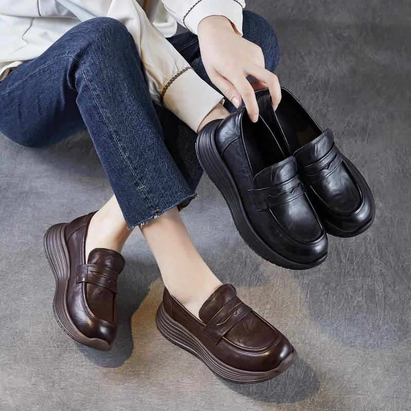 

Женские туфли-лоферы на платформе и танкетке из натуральной замши (4 см), удобные, на резиновой подошве, в стиле Мэри Джейн, для осени и весны