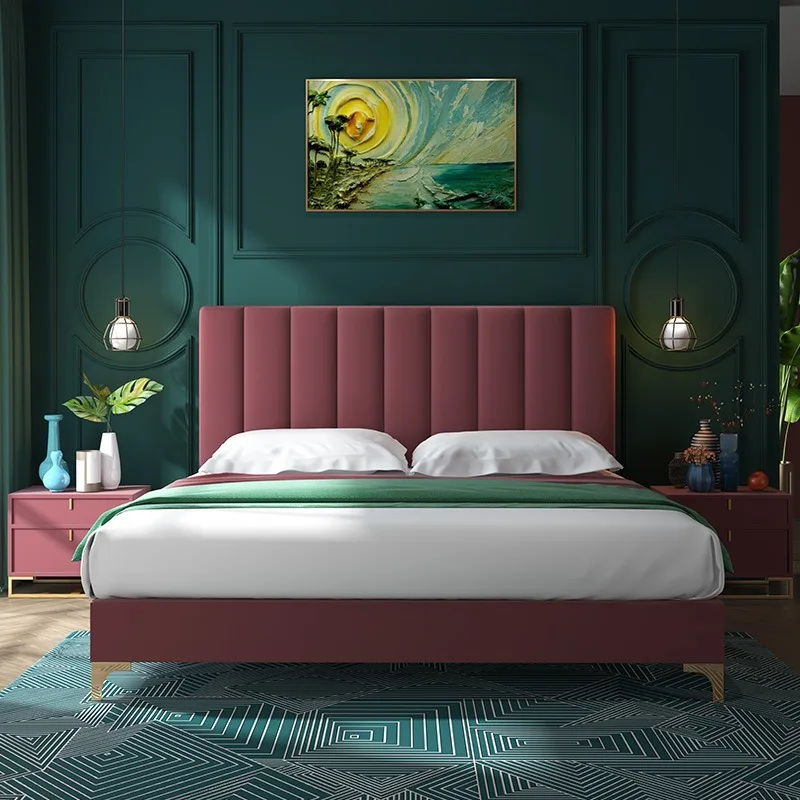 Fabric bed, modern simple pink princess flannel double bed, light luxury small apartment master bedroom 1.5 meters bed