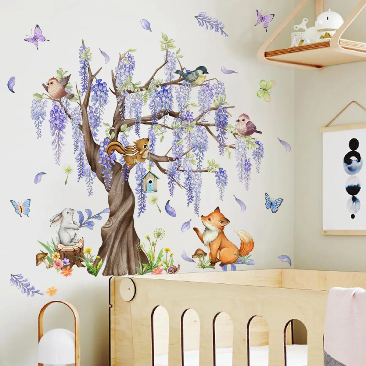 Under the Wisteria Tree Cartoon Animal Wall Stickers Rabbit Fox Butterfly Wall Sticker Children\'s Room Living Room Home Decals