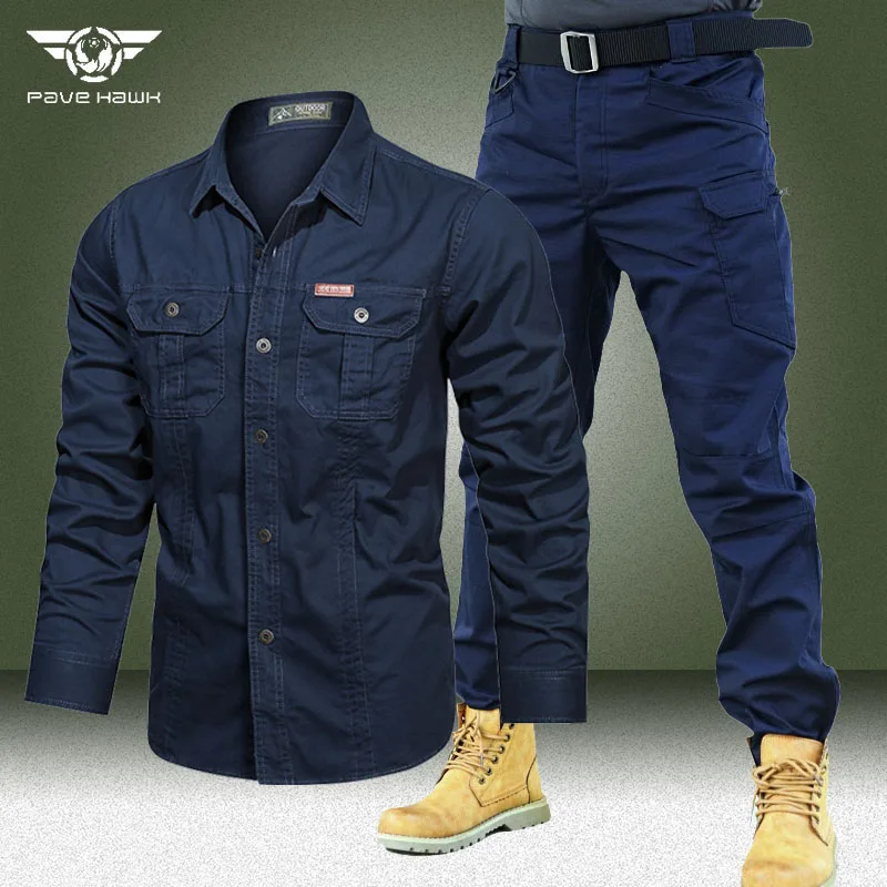 Military Cargo Sets Men Spring Autumn Multi-pocket Bomber Long Sleeves Shirts Wear-resistant Straight Pant 2 Pcs Army Flight Set