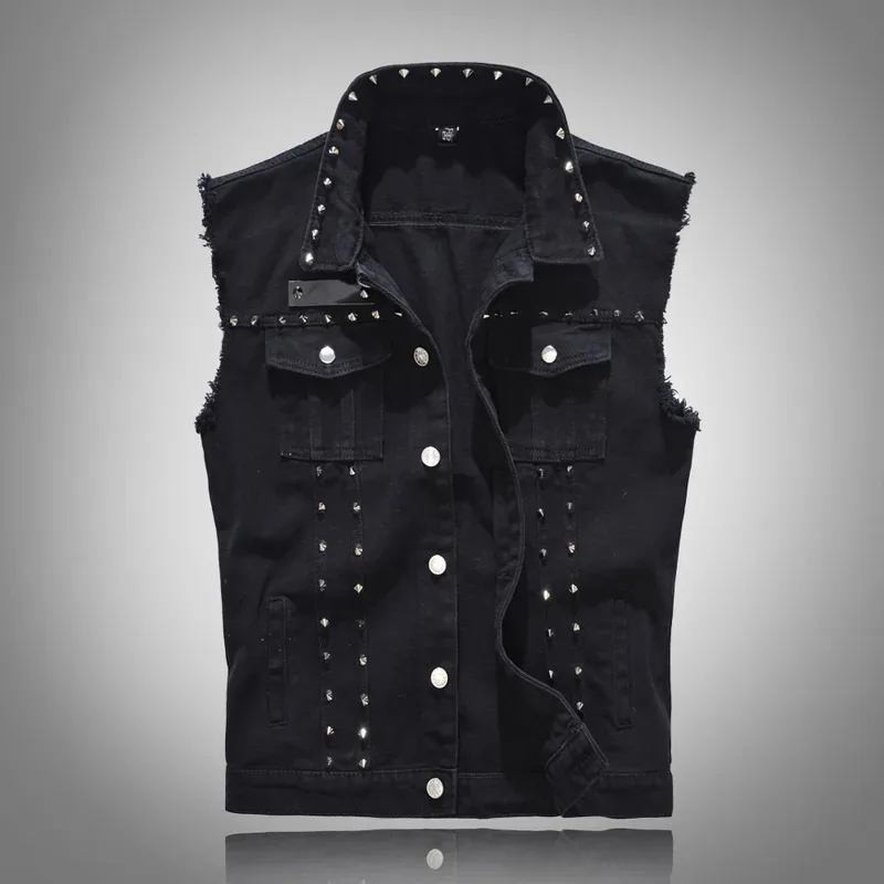 

Men'S Denim Vest Black Sleeveless Jacket Slim Fit Retro Casual Summer Fashion Cotton Sleeveless Top Button Decoration Clothing