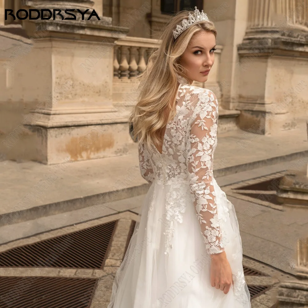 RODDRSY Church Wedding Dresses For Bride High Neck Long Sleeves Bride Gowns Lace Applique Backless A-Line vestido de noiva 2024