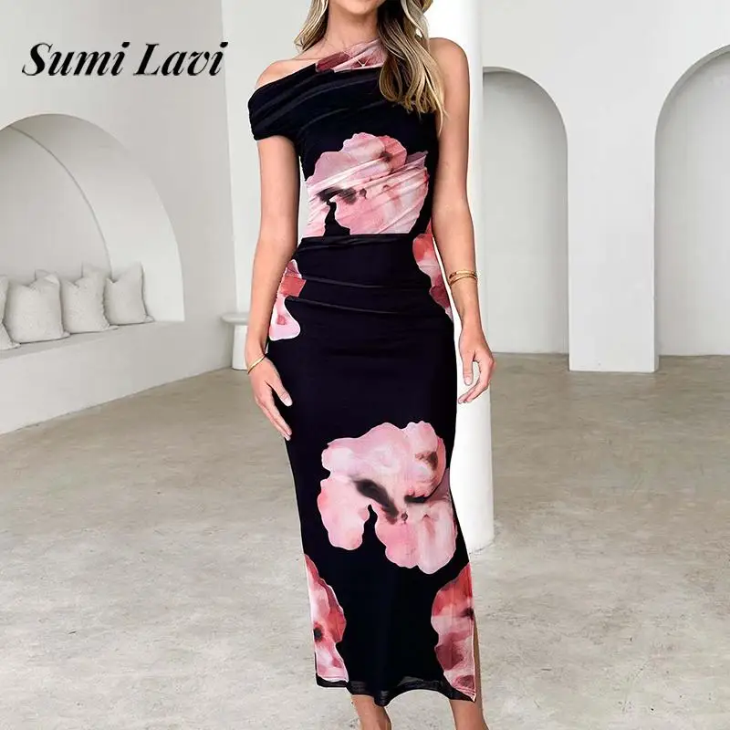 Lady Elegant Floral Print Draped Long Dress Fashion Sleeveless Split Hight Waist Party Dress Sexy Diagonal Collar Bohemian Dress