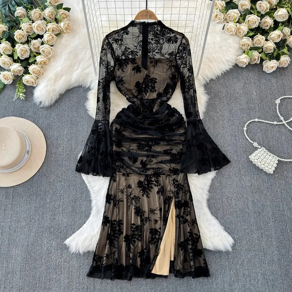 French Elegant Prom Dress Women Retro Black Perspective Elastic Mesh Folds Wrap Hip Slit Fishtail Robe Female Party Vestidos