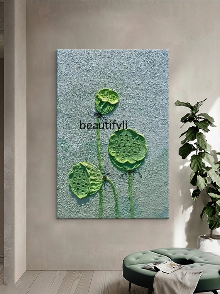 Green lotus pod plant pure hand-painted oil painting minimalist decorative painting entrance three-dimensional texture painting