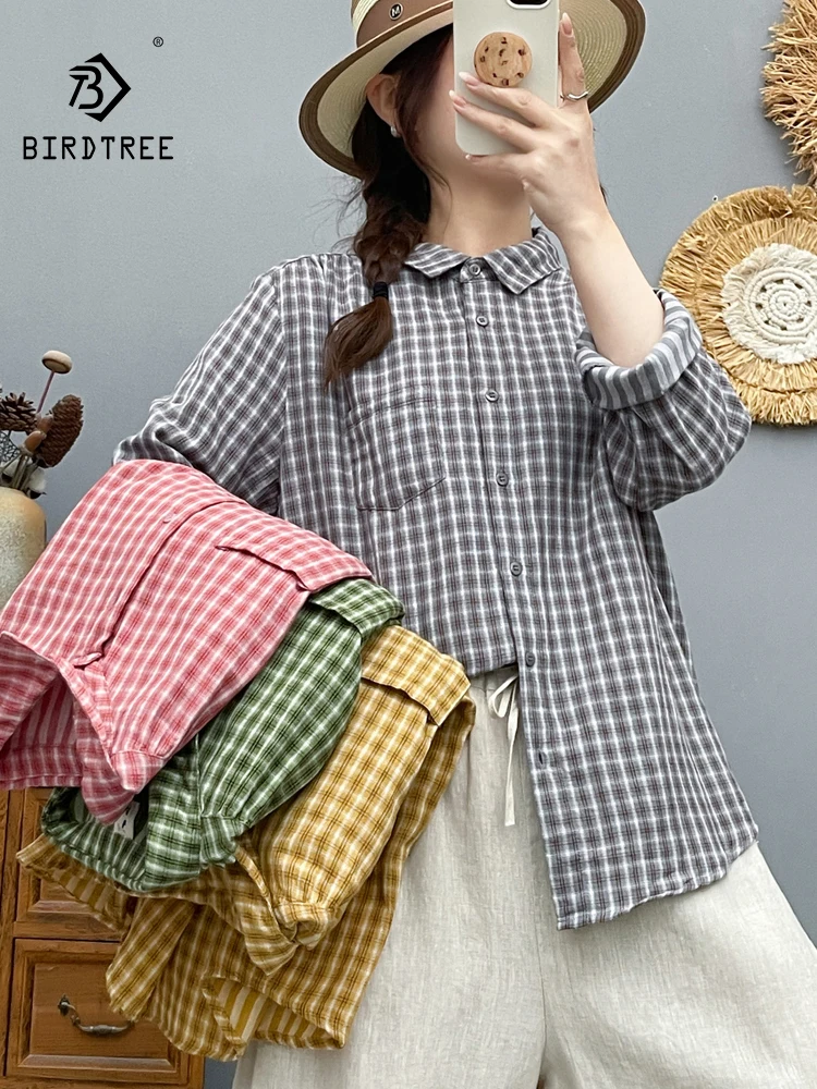 

New 2026 Spring Women Cotton Yarn Long Sleeve Shirt, Turn-down Collar Plaid, Mori Girl Fashion Breathable Loose Blouse T63752CC
