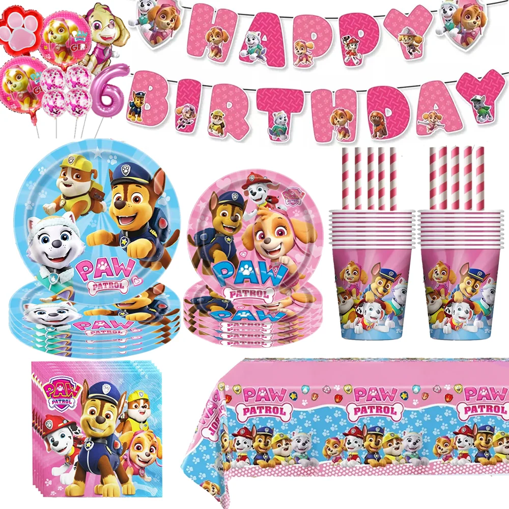 

Paw Patrol Pink Birthday Party Decor Tableware Skye Tablecloth Cup Plate Napkin Cartoon Dog Gift Bag Baby Shower Kid Supplies ﻿