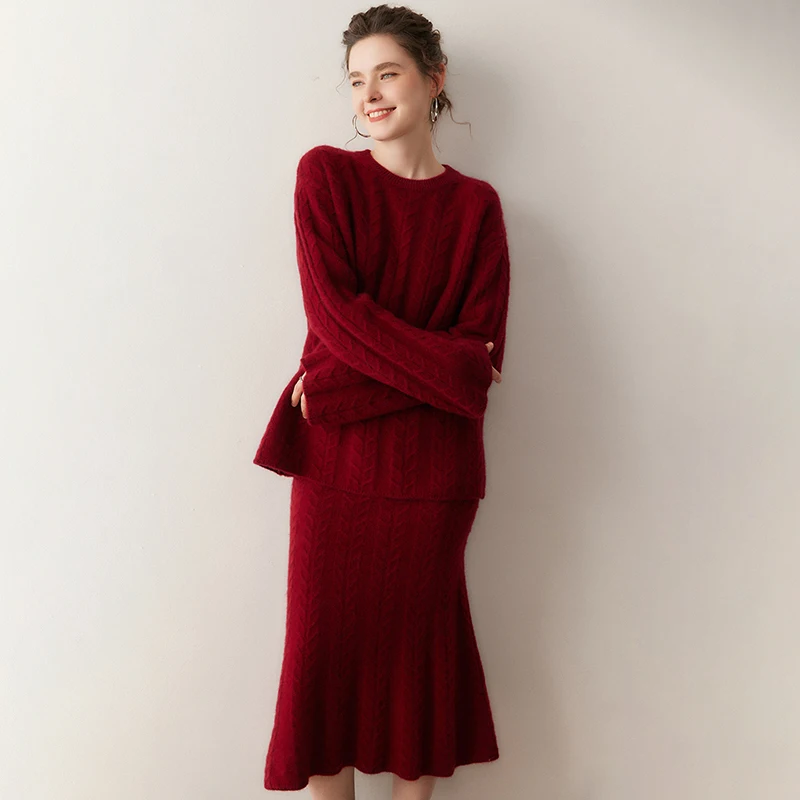 Women Cashmere Sweater O-neck Pullover Twist Flower Mermaid Skirt Set Autumn Winter Retro 100% Cashmere Knitted Jacquard Clothes
