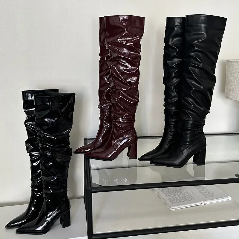 

Aneikeh/модные сапоги выше колена, плиссированные высокие сапоги до бедра в уличном стиле, зимние женские туфли на квадратном каблуке с острым носком