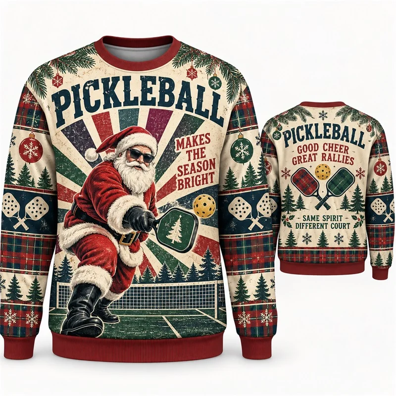 Men Ugly Christmas Sweater Pickleball Santa Print Sweatshirt Candy Cane Snowflake Xmas Holiday Party Pullover hoodie Top
