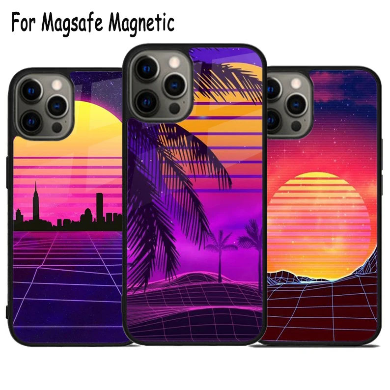 Hot Synthwave Retro 80s Neon Wireless Charge Magsafe Phone Case For iPhone 15 16 14 13 11 12 Pro Max Plus Magnetic Bumper Cover