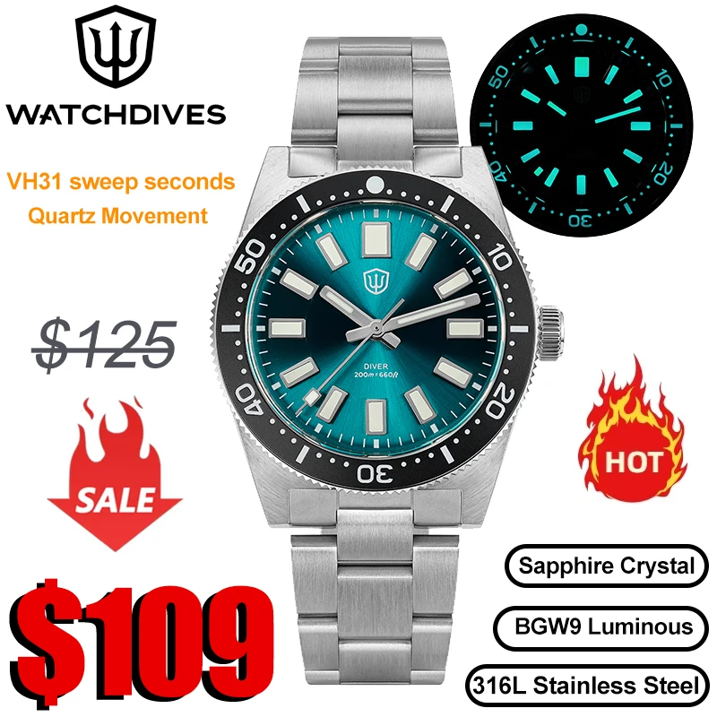 Watchdives WD1965 V2 Watch VH31 Sweep Second Movement Luminous Domed Sapphire Crystal 20Bar Waterproof 38mm 62mas Watches