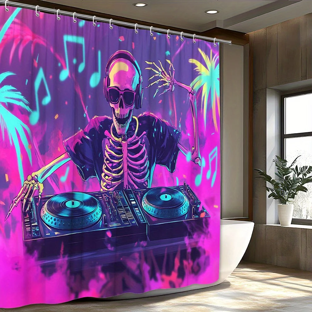 

Неоновая занавеска для душа Skeleton DJ — яркий розовый, фиолетовый, синие заметки, пальмы, неоновое искусство в стиле ретро, современный декор для ванной комнаты