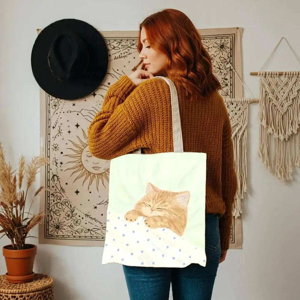 Cat Dog Couple Sleeping Storage Bags Canvas Double-Sided Print Tote Bag Large Capacity Shoulder Fashion Shopping Handbag