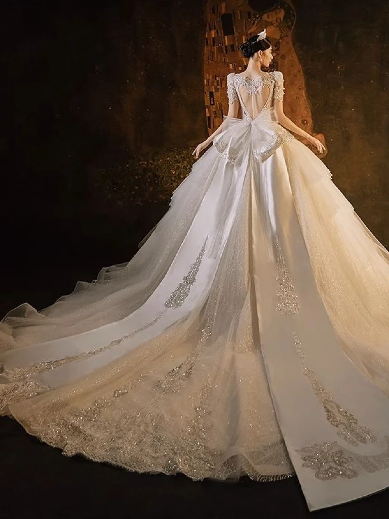 Robe de mariée en perles de cristal, robe de mariée de luxe, nœud de boule, manches courtes, belle Icidal, grand train dans le dos, mariage, quelle que soit, 2024