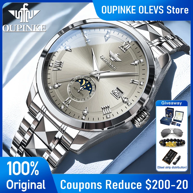 

OUPINKE 3265 Mens Watch Original Luxury Top Brand Automatic Mechanical Watch 50M Waterproof Moon Phase Date Watch High Quality