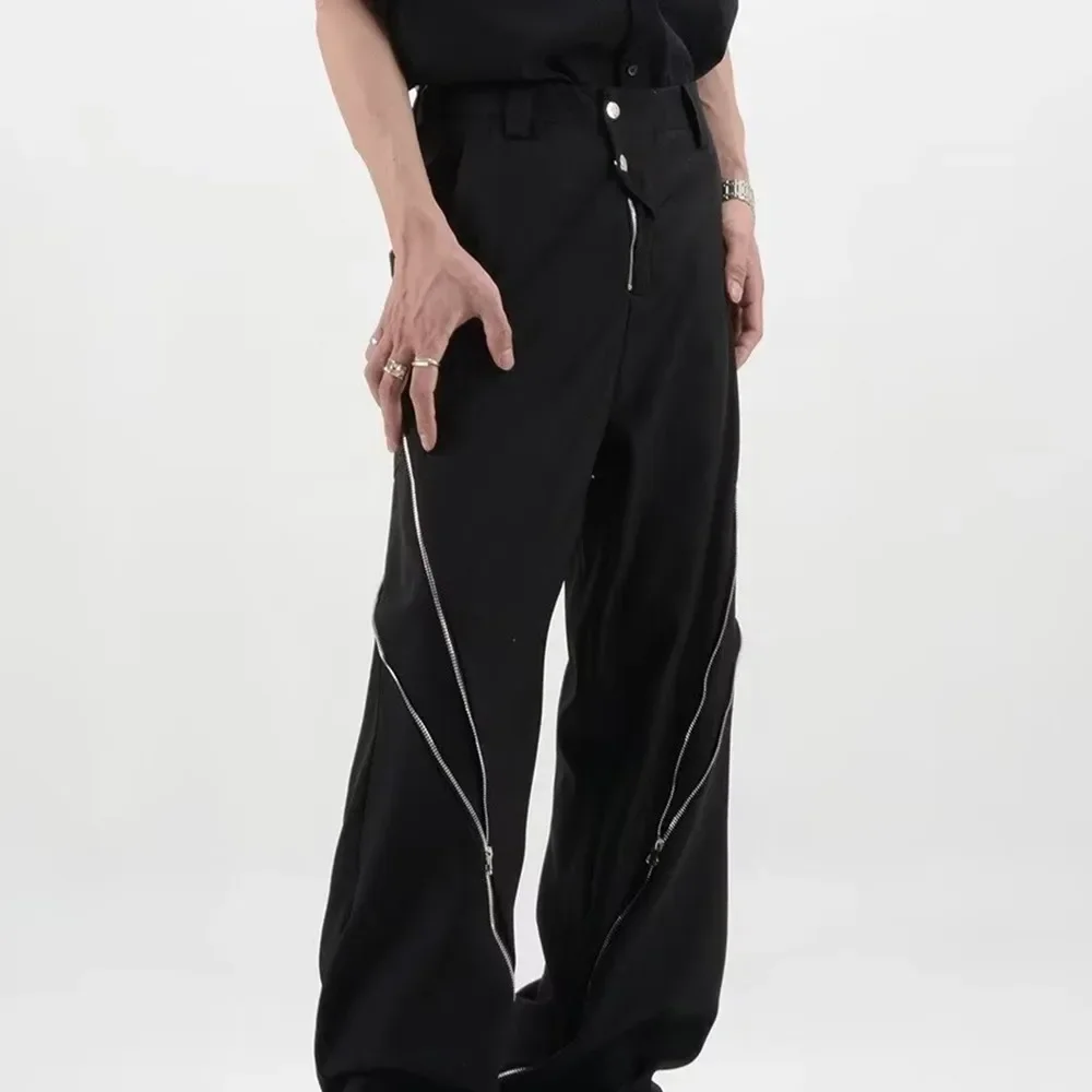 

American Fashion Men Black Zipper Design Slit Slightly Flared Pants Vertical Feeling Straight Casual Pants Vintage Trousers Y2k