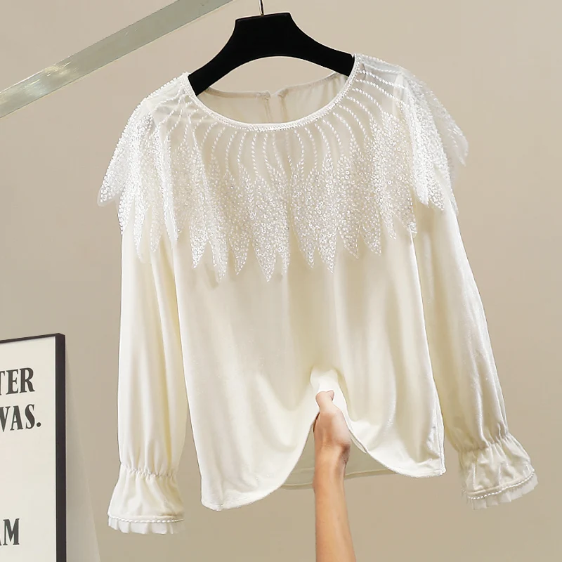 

Корейская стильная свободная рубашка с длинными рукавами, украшенная бархатными вставками, модная, элегантная, универсальная, женская, трендовая.