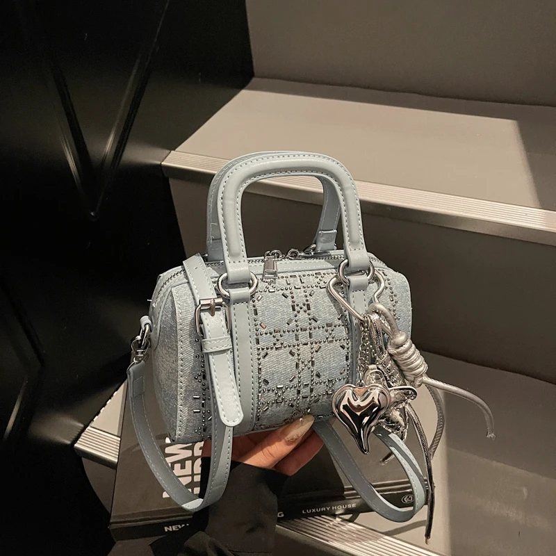 

Korean version simple and versatile hand-held bowling bag 2025 new fashionable bow denim shoulder bag temperament women's bag
