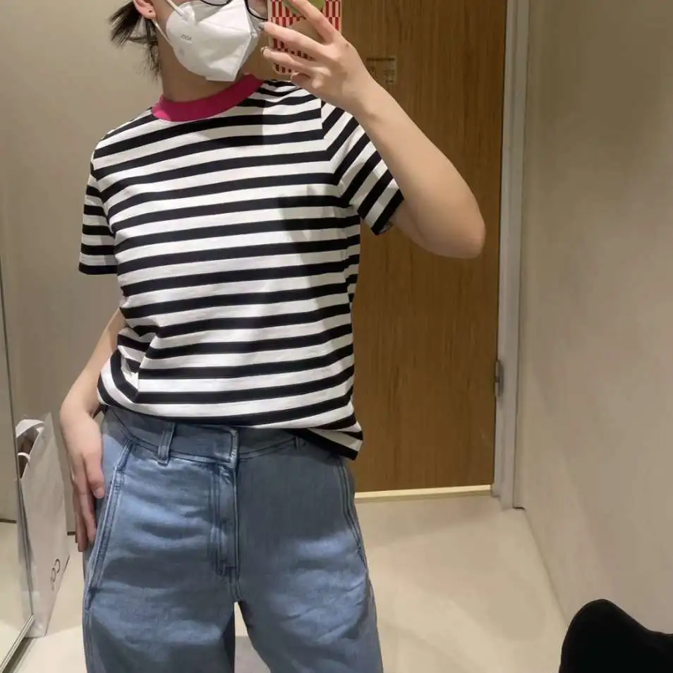 

Cos Sle Women's ort Sve T-irt 0960679062 Spring Casual round Ne Striped Cotton 00% Comfortable Faionable Top