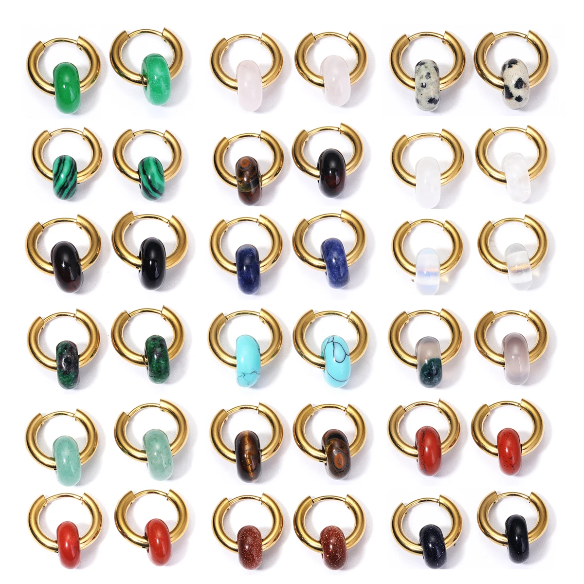 Klassische Modische Naturstein Runde Perlen-Creolen für Damen Türkis 3,0mm Dicke Edelstahl Ohrclips Schmuck