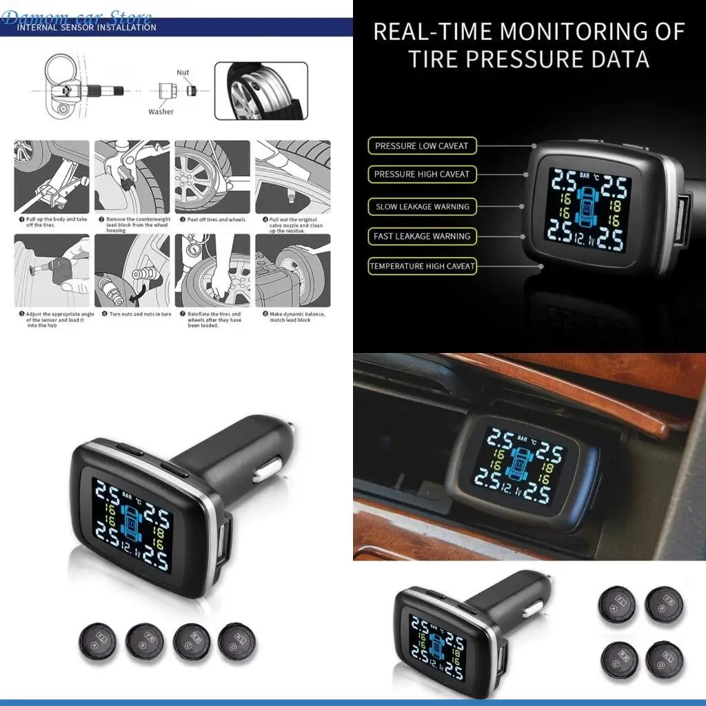 

A2UC Car Tire Pressure Monitor 0-3.5Bar Adjustable 4 External /Internal TPMS Tire Pressure Monitoring System