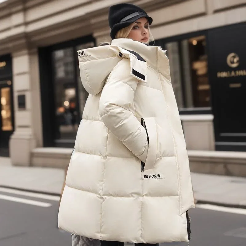 Chaqueta larga de plumón de algodón para mujer, Parka con capucha cálida y lisa con cremallera, abrigo holgado informal de gran tamaño para la