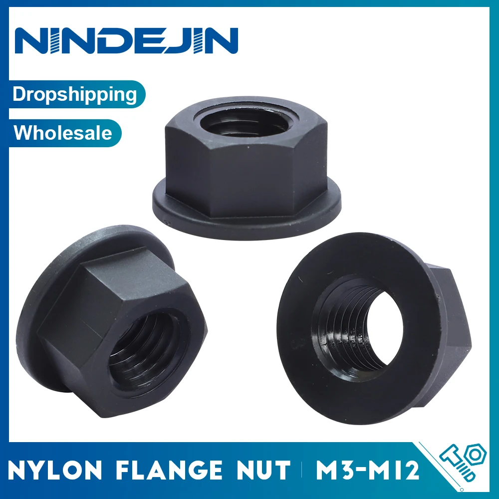NINDEJIN 10/50szt Plastikowa nylonowa izolacja Sześciokątna nakrętka kołnierzowa M3 M4 M5 M6 M8 M10 M12 Czarna nakrętka kołnierzowa sześciokątna