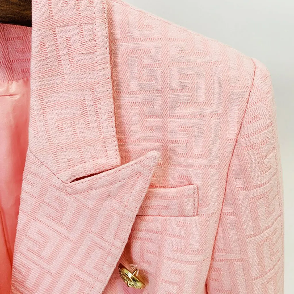 

European And American Star Fashion Slim Fit Suit Jacket Women's Double-Breasted Jacquard Lion Buckle Maze Figure in Stock