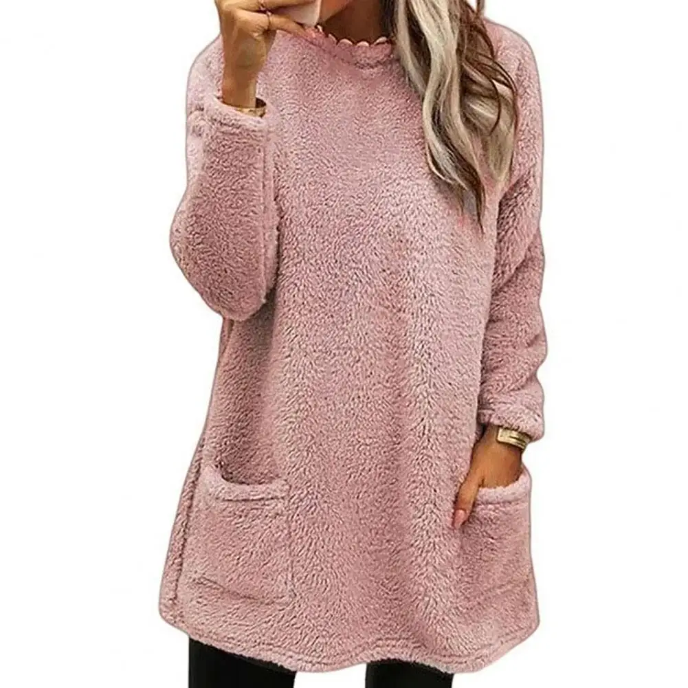Women Round Neck Sweatshirt Cozy Plush Winter Sweatshirt with Dual Pockets for Women Stylish Mid Length Pullover Top for Office