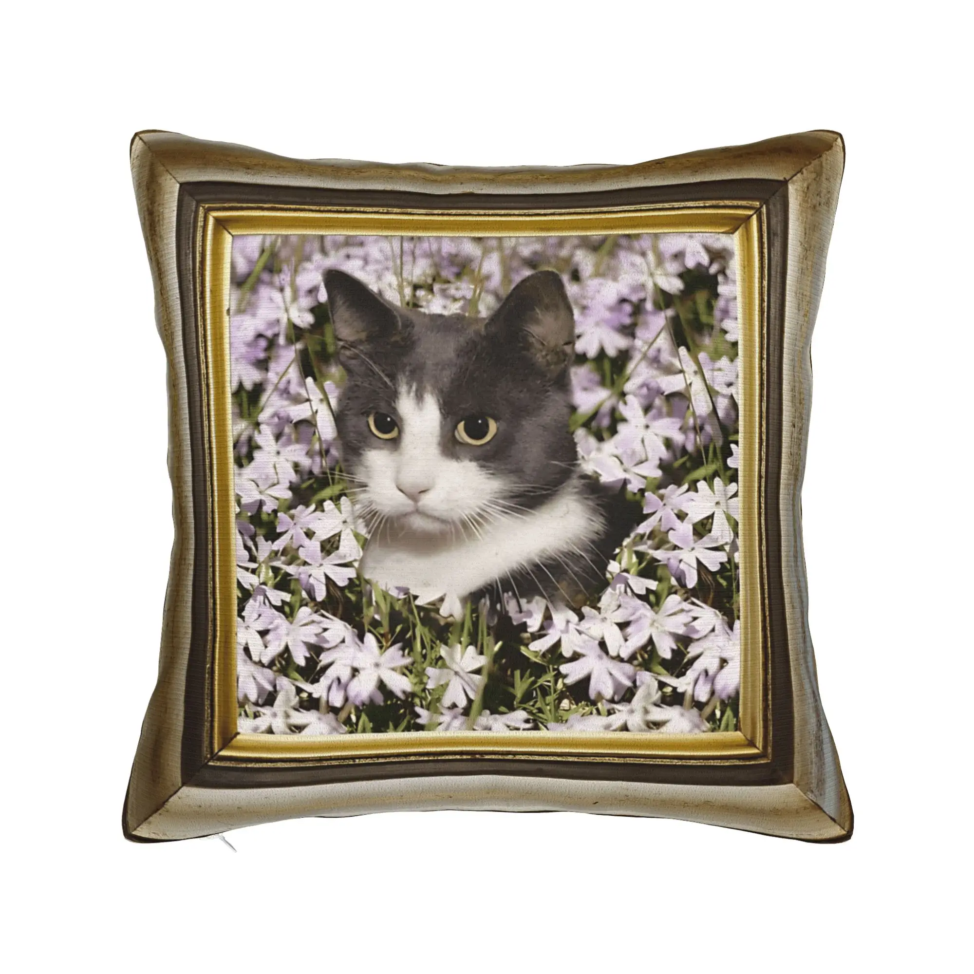 Cute Caroon Cat Portrait Photo Frame Art Pillow Case  Design Pillow Cover For Couch Sofa Bedroom Retro Trendy Pillowcases