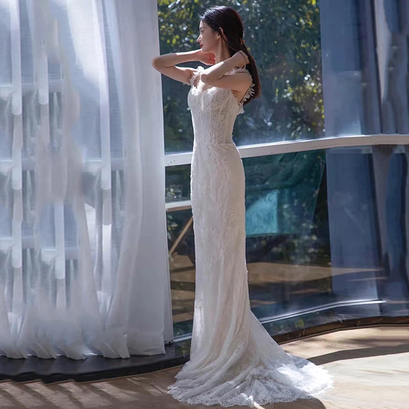 AnXin SH – robe de mariée sirène en dentelle blanche, Vintage, rétro, bretelles spaghetti, petite fleur, trompette de mariée