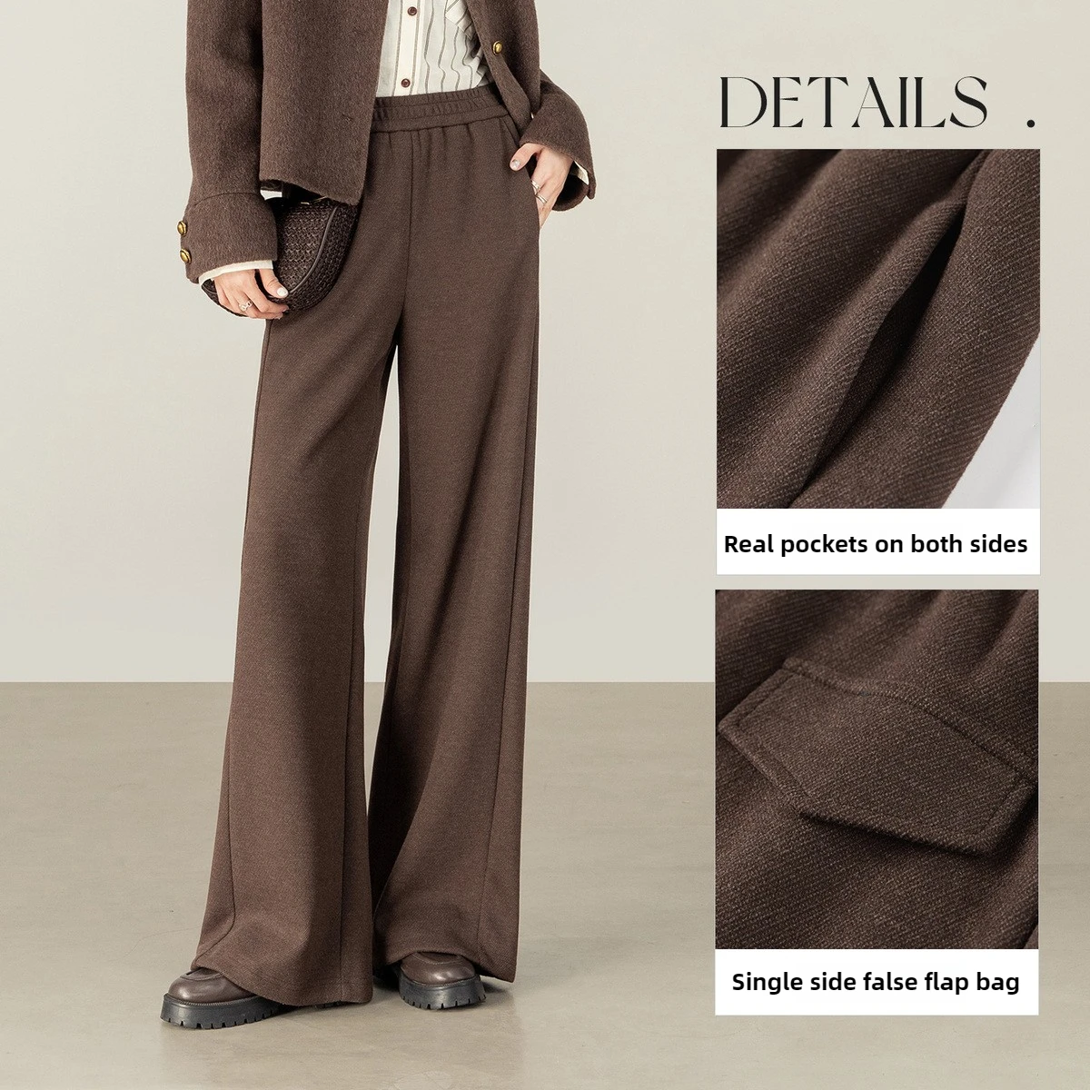 SENTUBILA Women Winter Warm Wide Leg Pants Acetate Wool Casual Trousers Elastic Waist Loose Fit with Real Side Pockets 154K87935