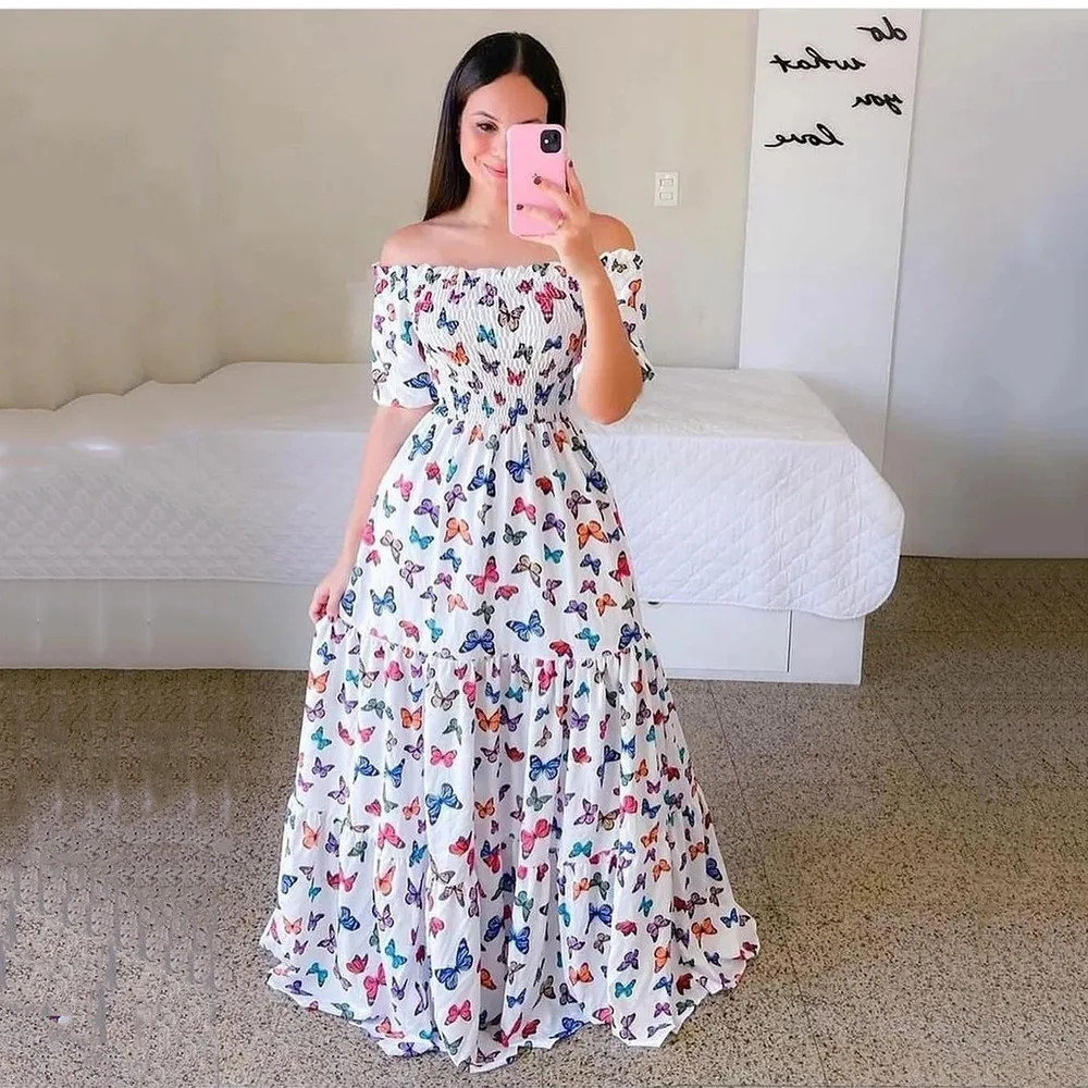 Spring Summer Sexy Off Shoulder Maxi Dress Woman Fashion Flower Print Short Sleeve Dresses For Women 2023 Elegant Party Robe