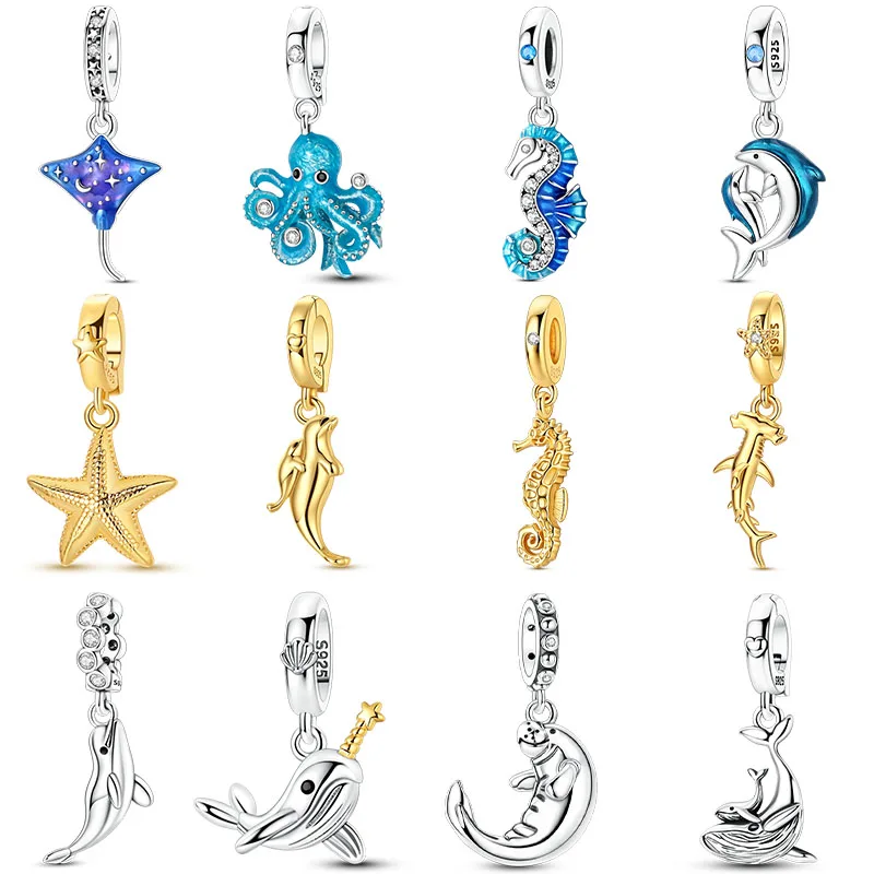 

New 925 Sterling Silver Ocean Golden Seahorse Octopus jellyfish Charms Pendant For Women Fit Original Bracelet DIY Jewelry Gifts
