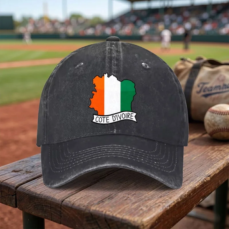 Ivory Coast Flag Map Washed Baseball Cap Adjustable Buckle Lightweight Breathable Unisex Daily Travel Gift