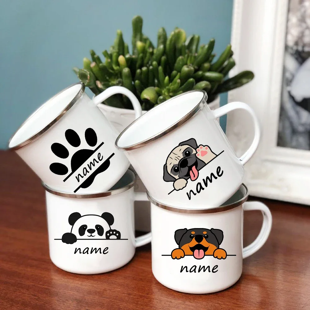 Cartoon Panda and Dog Customized Enamel Coffee Mugs, Cute Animal Custom Name for Friend, Milk and Water Cups Kids Birthday Gifts