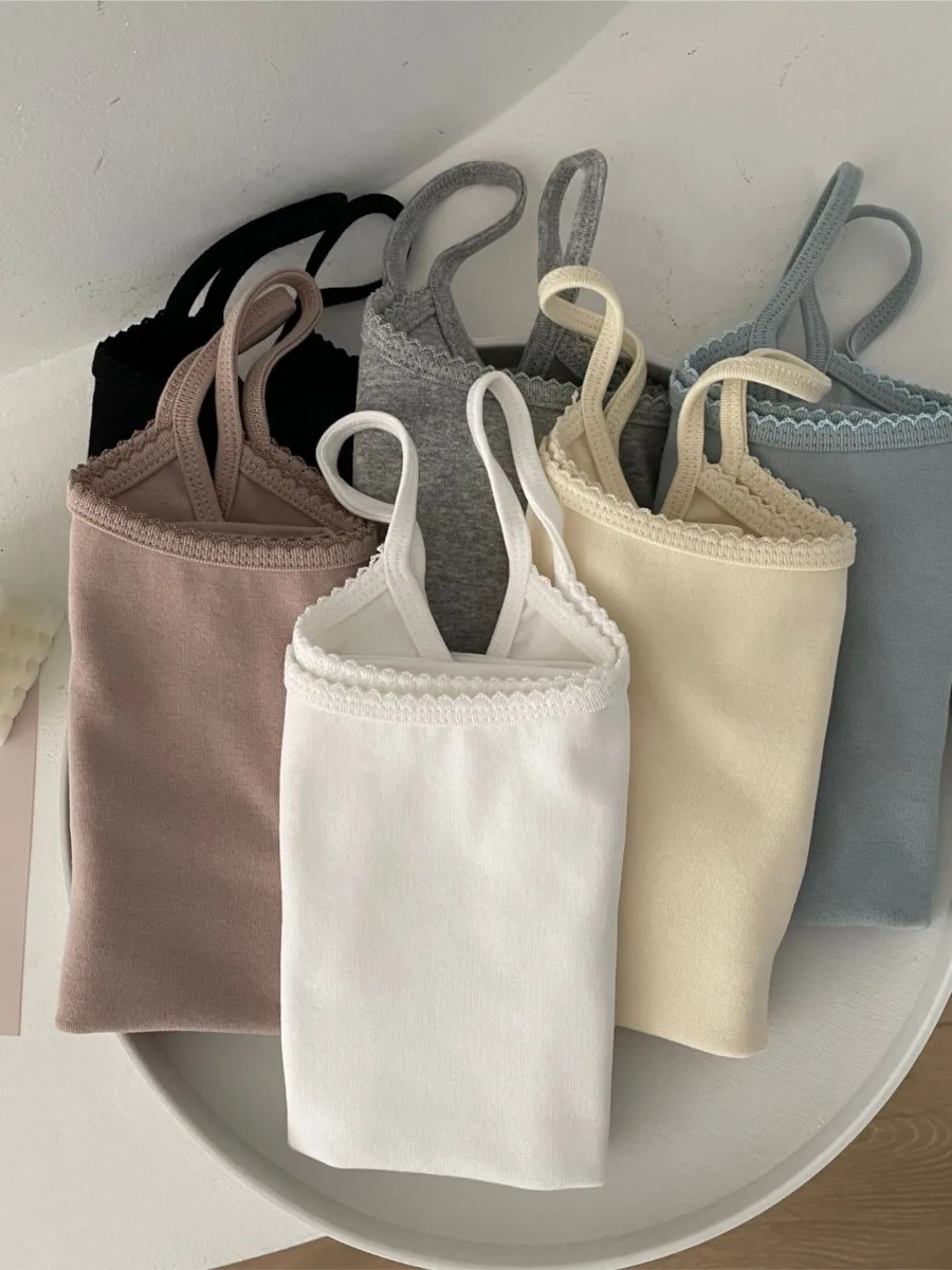Basic Lace Trim Slim Tank Top Women Summer Casual Sleeveless Cotton Slim U collar Camisole Sweet Cute All-match Vest Tops Y2K