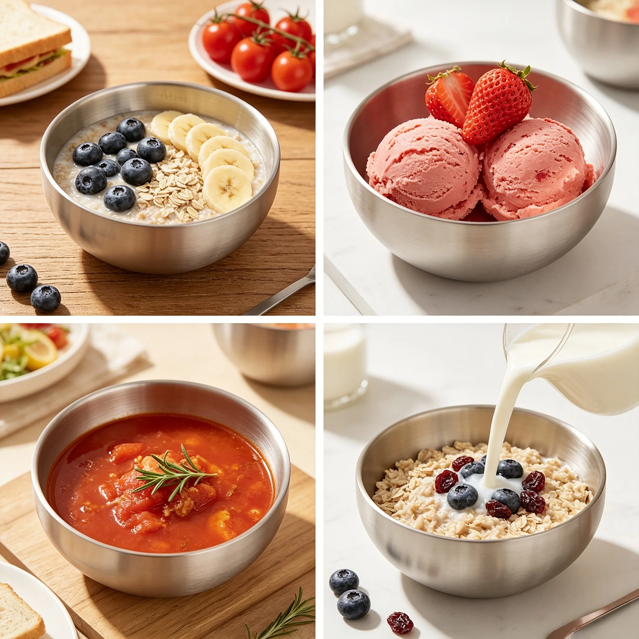 4Pcs Double-Layer Stainless Steel Bowls, Durable Deep Soup and Cereal Bowls, Suitable for Hot Soups, Pasta, and Salads, Ideal for Home Kitchens and Camping, Suitable for Hot and Cold Foods, Deep Round Metal Bowls, Perfect for Soups, Pasta, and Cereals, a Must-Have for Kitchen and Dining