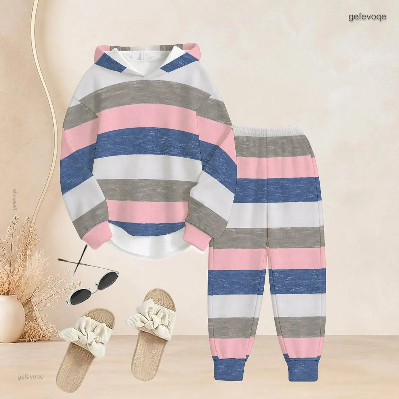 Printed Pants Set for Women Long Sleeve Hooded Top Cuffed Pants Two Piece